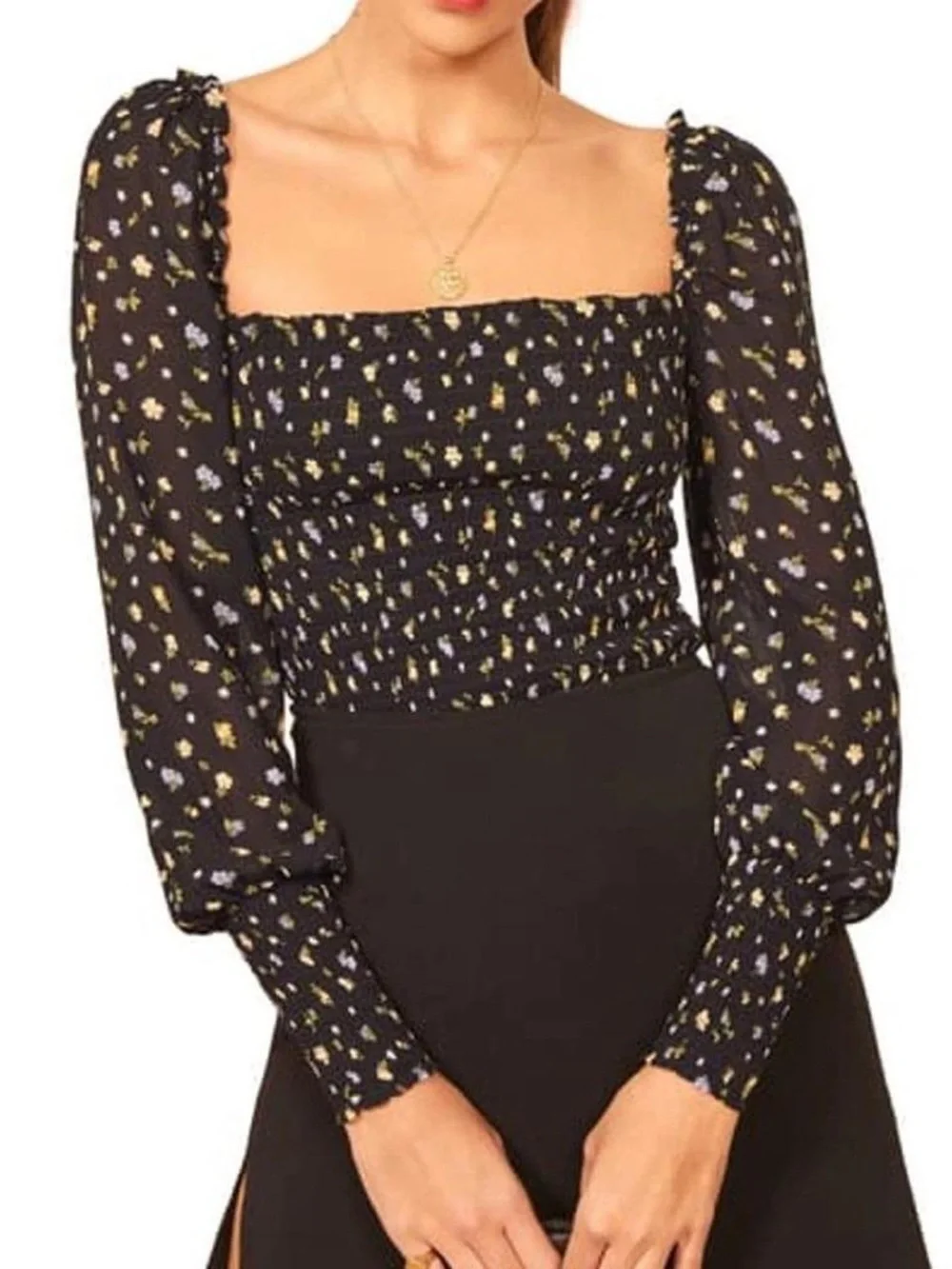 Reformation Freesia Smocked Puff Sleeve  black Top size xs